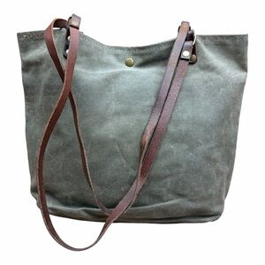 In Blue Canvas Tote Bag with Leather Straps - Olive Green